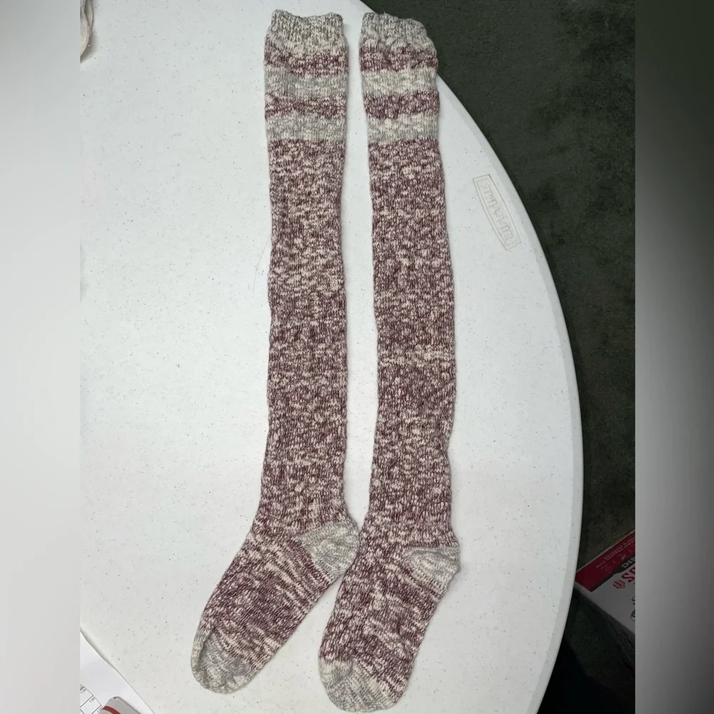 Burgundy Gray Knit Knee‎ High Boot Socks Winter Cozy